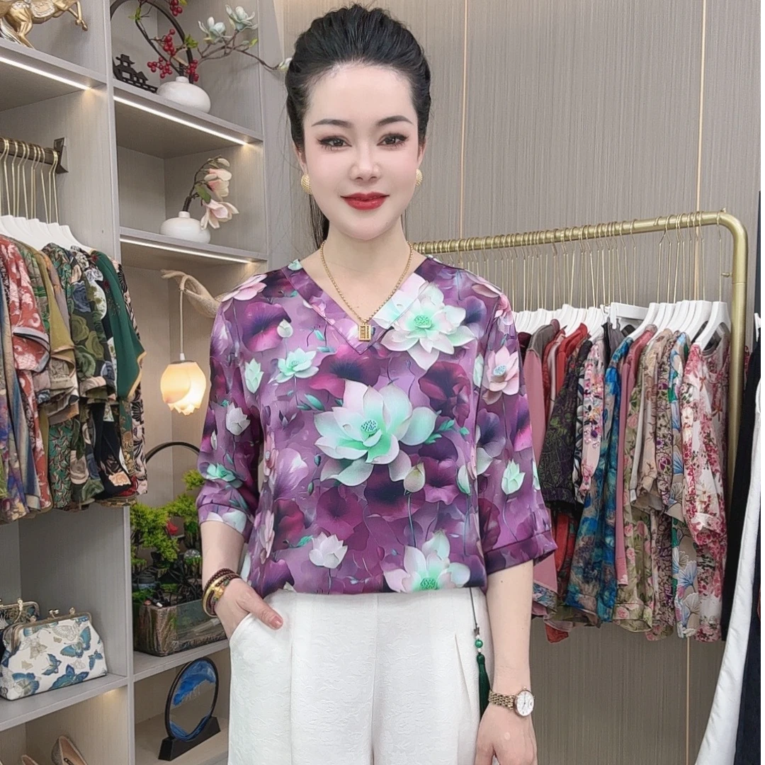 紫色【荷塘月色】新款夏季宽松短袖高端洋气休闲百搭气质妈妈装T恤