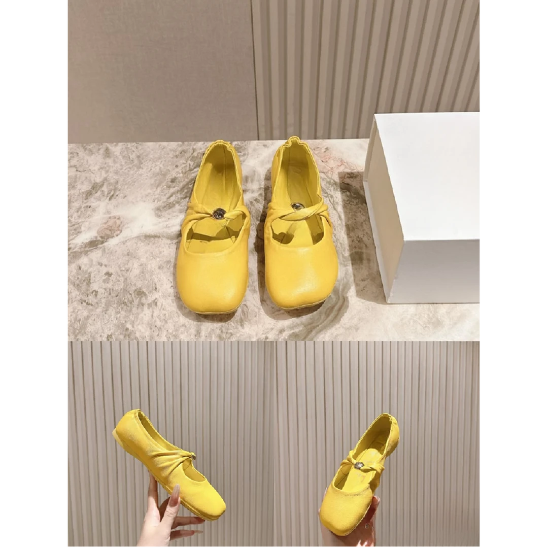 软糯羊皮褶皱浅口方头玛丽珍鞋褶皱平底单鞋时尚复古单鞋