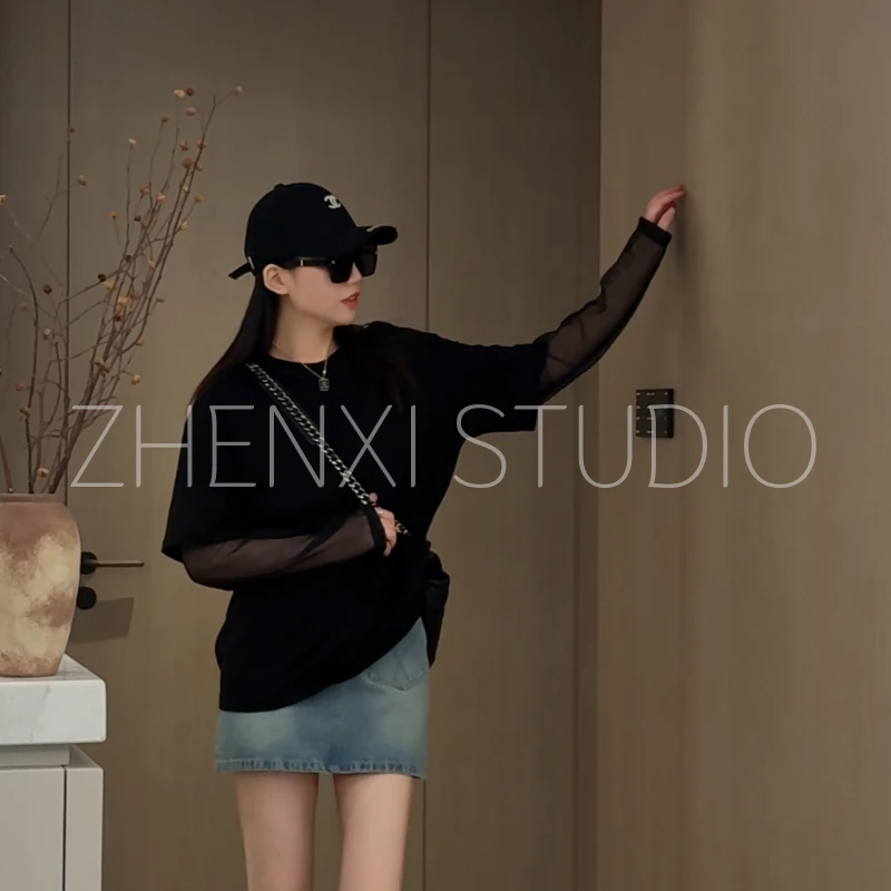 针西【港风女孩】高个子穿搭时尚百搭休闲春夏季拼接网面T恤S70247