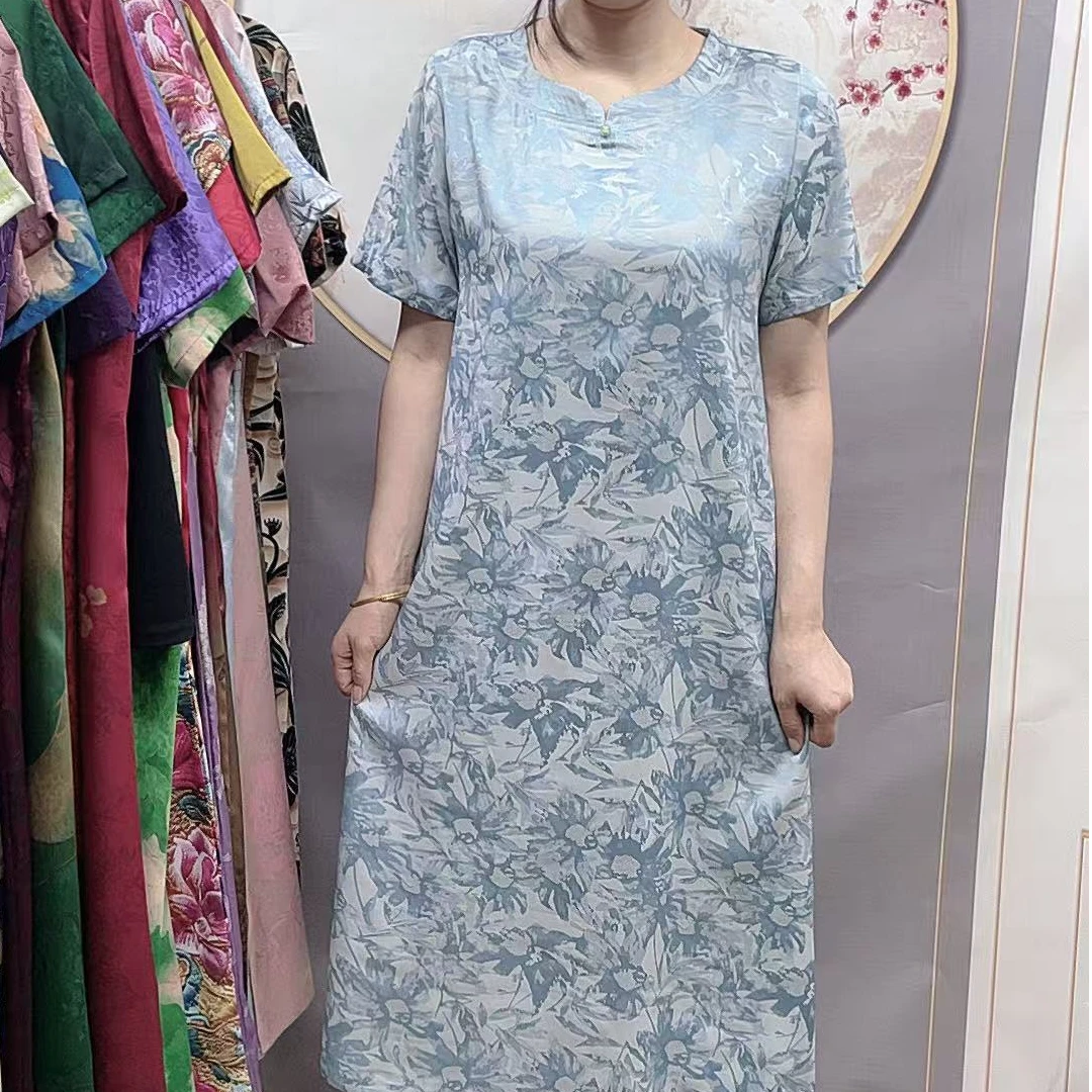 【蓝花旗袍】2025夏季妈妈装气质短袖连衣裙洋气中老年女装宽松长裙