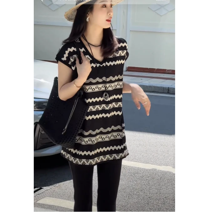 [麦霓严选]2025夏上新时尚韩版简约拼色条纹上衣9494