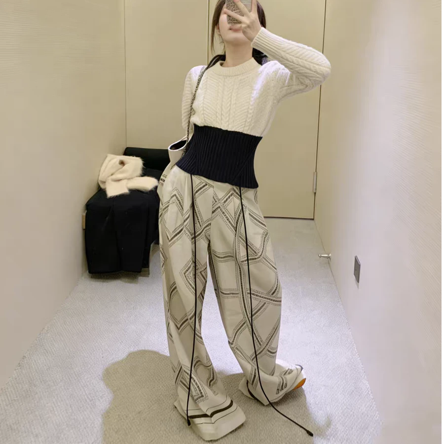 2026秋冬新款韩系气质减龄撞色毛衣女收腰显瘦针织衫阔腿裤套装