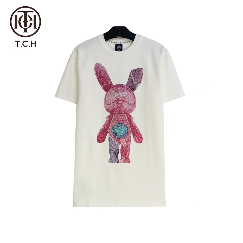 TCH时尚爱心兔烫钻重工白色轻奢休闲宽松连衣裙T66C30E6209