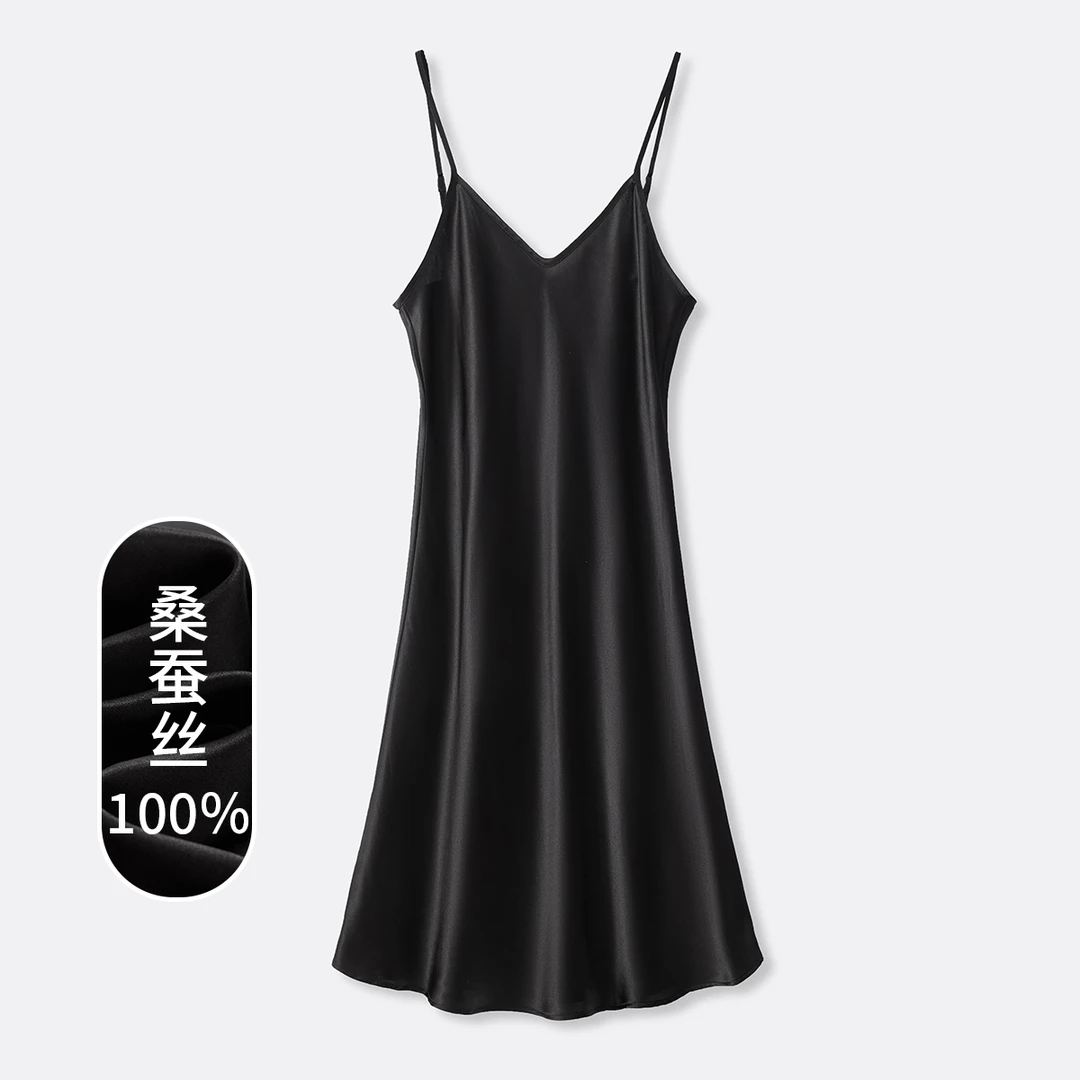 100%桑蚕丝长款V领吊带连衣裙25DAK0613