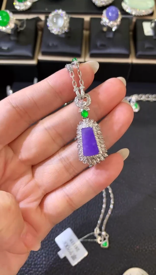 翡翠18K金镶嵌套链C93 紫货有一定色差