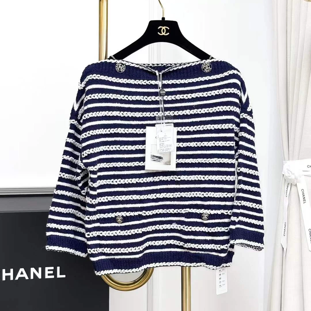 99新 Chanel/香奈儿 34码20S蓝白拼色条纹针织一字领上衣