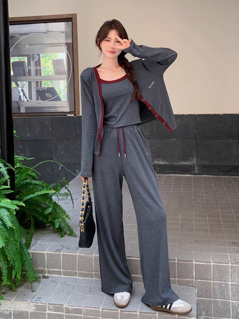 【素境】2998韩系气质休闲开衫吊带套装女2025春秋时尚阔腿裤两件套