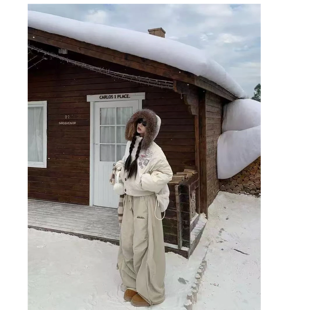 【当日发】美式毛领连帽棉服外套设计感百搭休闲棉衣套装