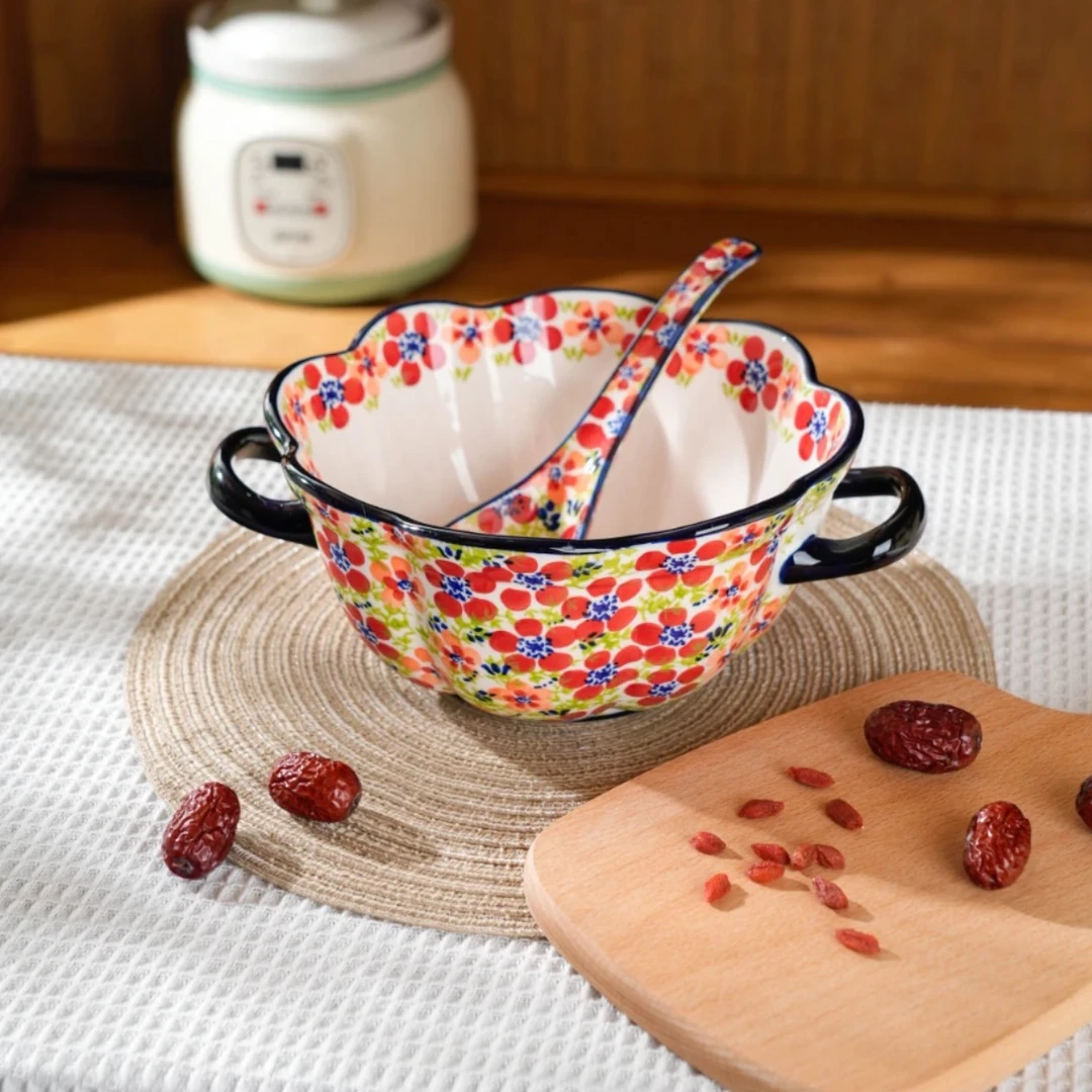 波兰瓷手绘碧丝粉黛10.5英寸双耳陶瓷汤碗釉下彩餐具碗勺两件套