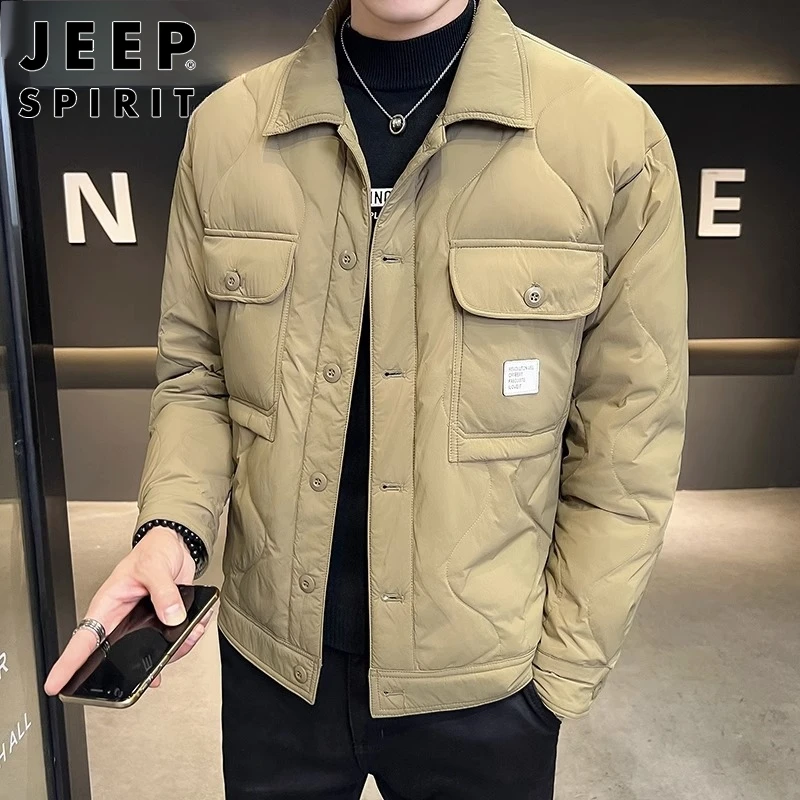 JEEPSPIRIT翻领羽绒服男士冬季轻薄款韩版2025新款白鸭绒工装保暖