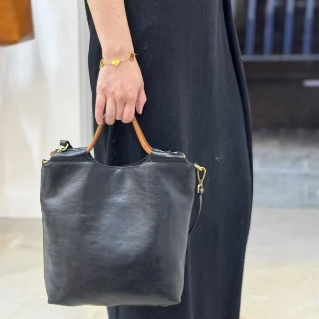 【禹歌】植鞣牛皮磁吸扣纯色斜挎包单肩斜跨百搭黑色腋下包通勤包