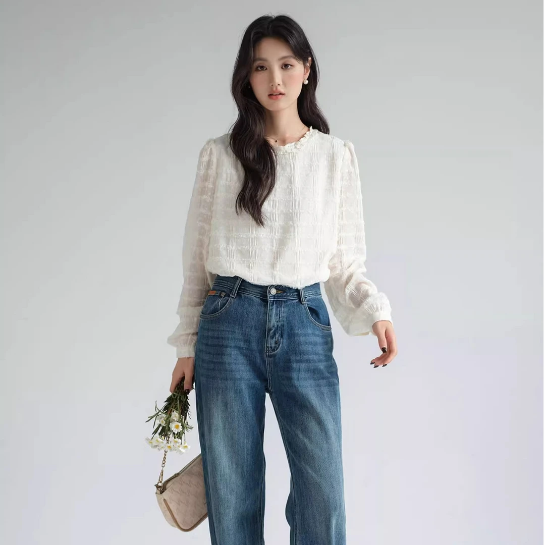 Lrosey/蓝若水大码女装提花高级蕾丝衫2025春优雅淑女雪纺衫86695