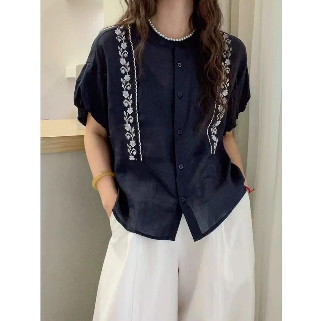 重工刺绣A字苎麻衬衫女欧洲站2025夏装新款欧货女装泡泡袖上衣潮