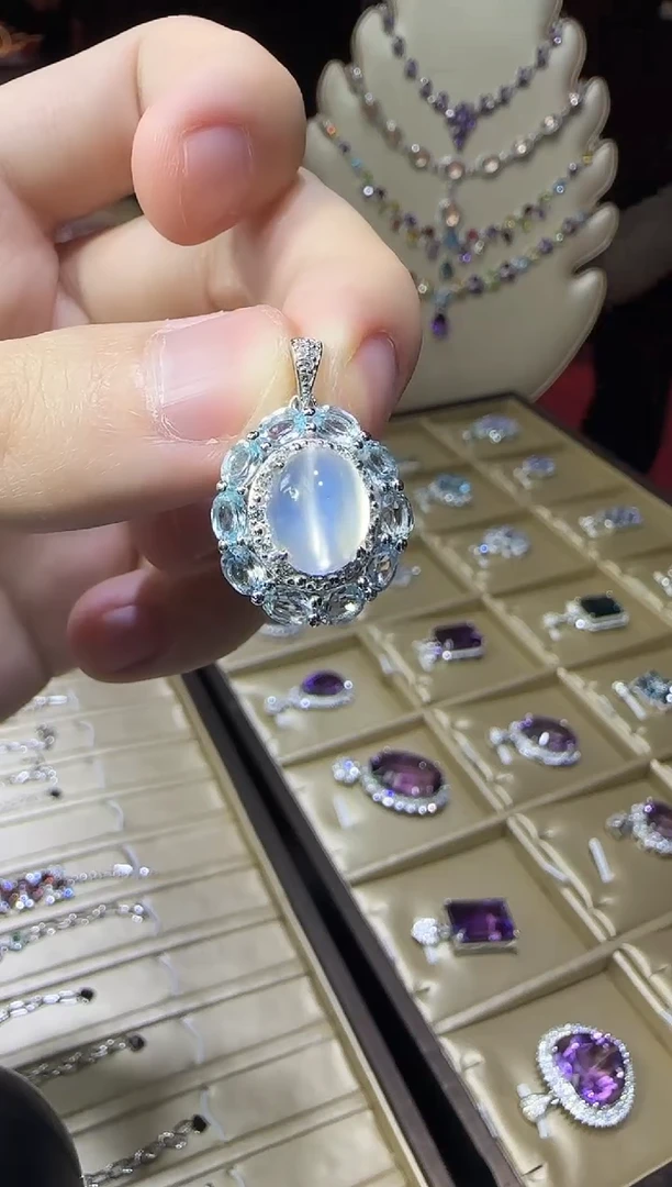 颈饰银S925镶嵌拉长石10*8mm吊坠白月光