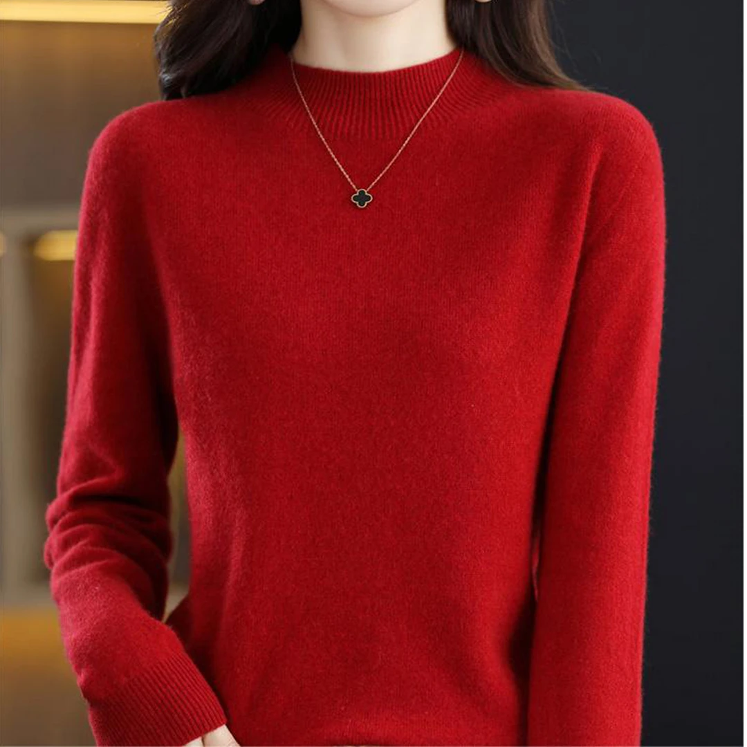*100%绵羊毛红色毛衣真维斯女装毛衣秋冬韩系修身保暖高级感长袖
