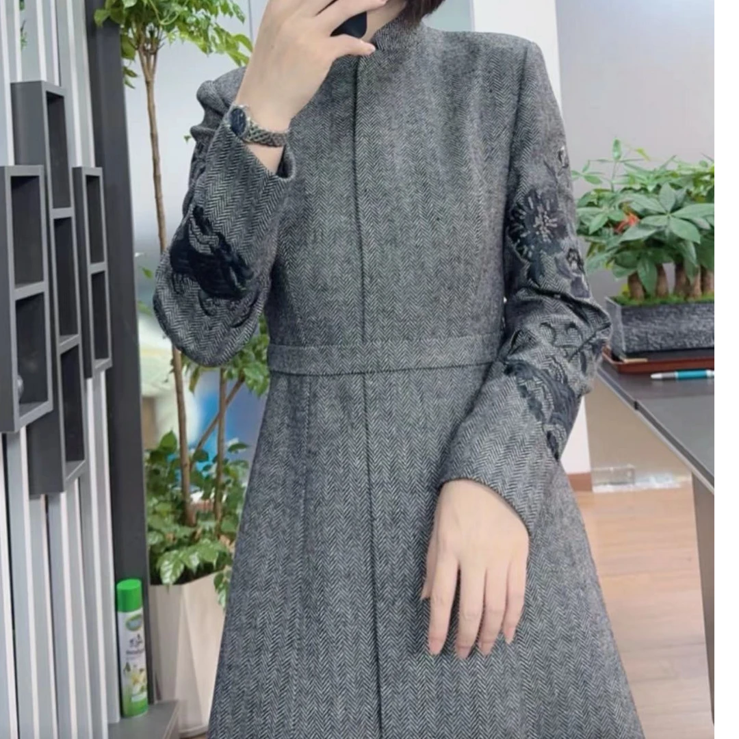 鑫-901-秋冬新款国风刺绣双面大衣外套气质修身显瘦高级大衣