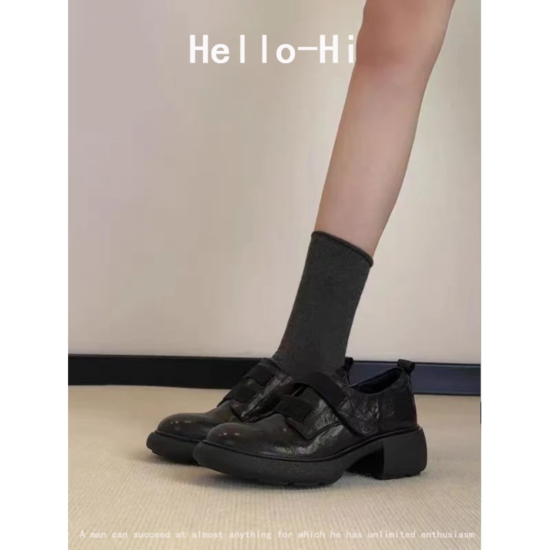 羊皮版~魔术贴小皮鞋女英伦风复古一脚蹬乐福鞋厚底松糕增高单鞋