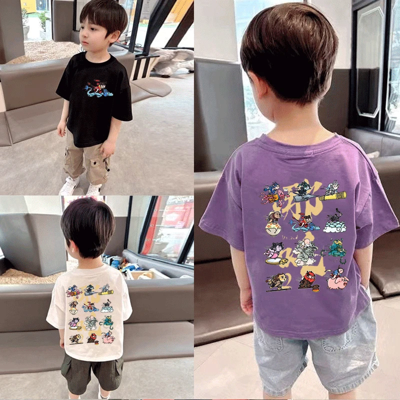 新款童装卡通哪吒短袖T恤纯色宽松百搭休闲中大小男女儿童宝宝潮t