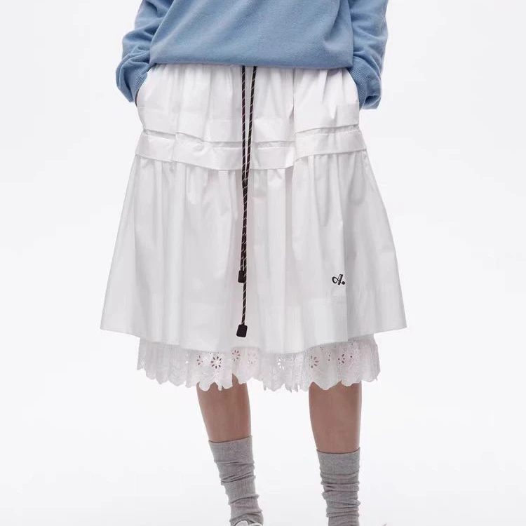 【景致】AVVENN·25春季新品A字螺纹蕾丝拼接半身裙2412210005