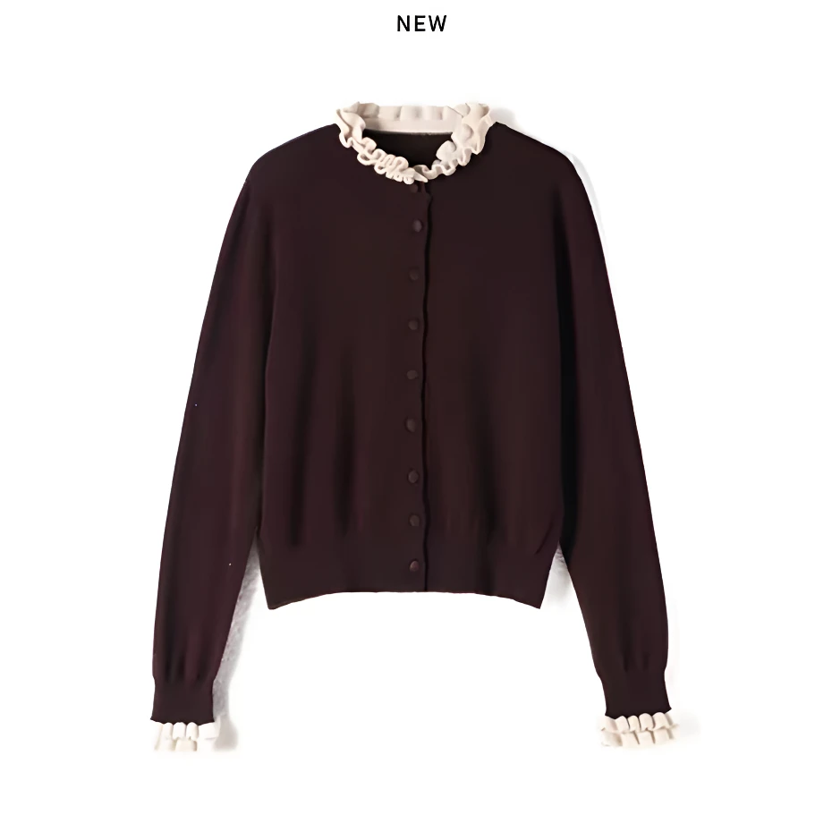 高端南油女装法式木耳边咖色针织开衫秋2025新款喇叭长袖毛衣外套