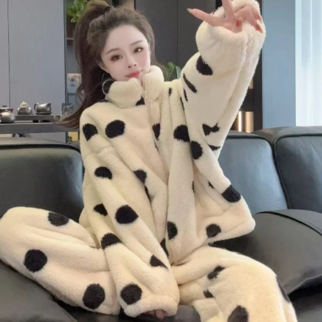 睡衣女士大码长袖韩版可爱家居服加厚保暖套装加绒波点