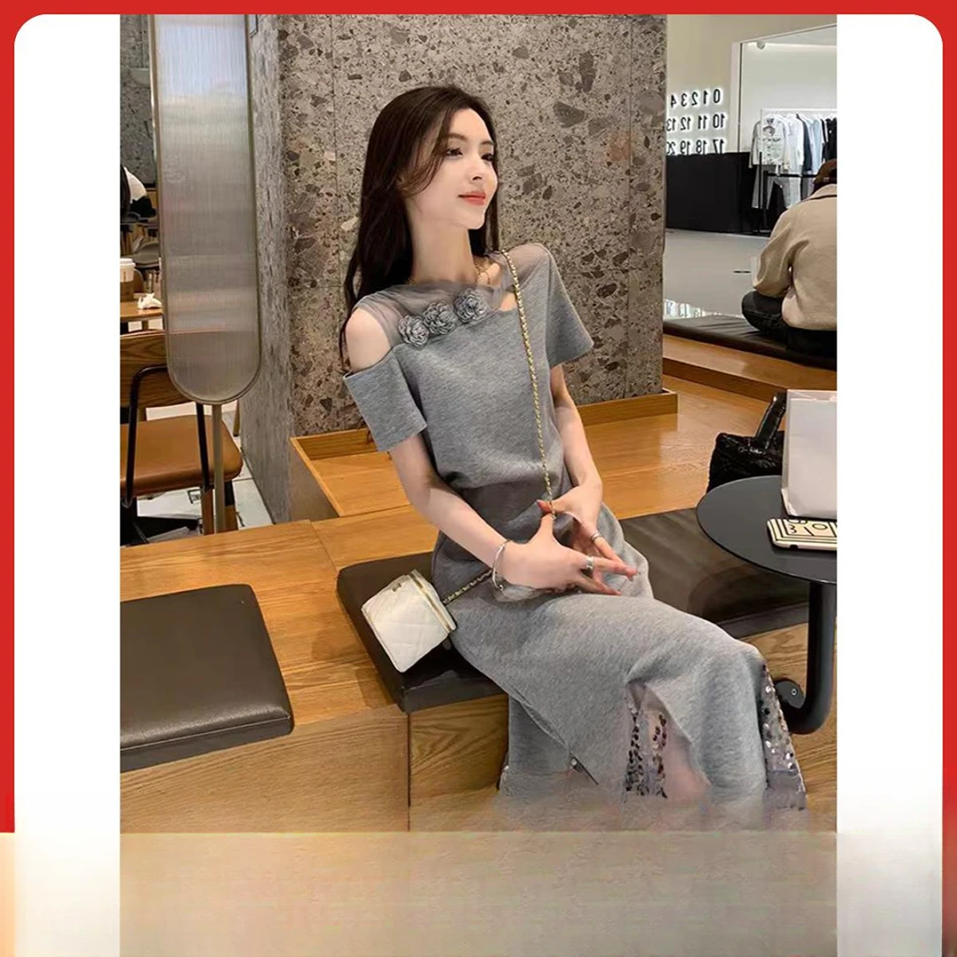 夏季新款时尚淑女重工钉珠花朵连衣裙蕾丝显瘦气质轻奢轻奢收腰