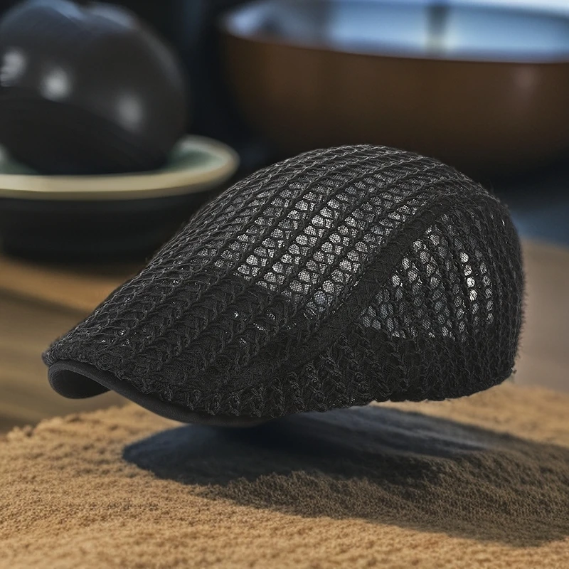 夏天亚麻帽子针织男女贝雷帽纯色透气镂空遮阳鸭舌帽前进帽复古