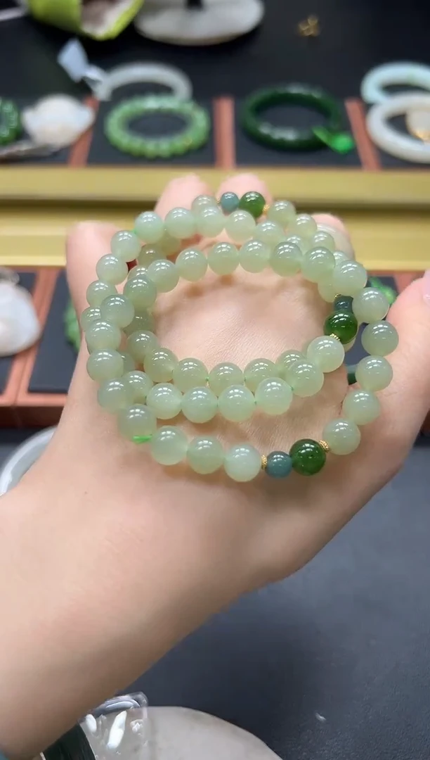 银S925镶嵌手串和田玉晴水碧玉手串黑点 多样性发一/有瑕 5-8mm