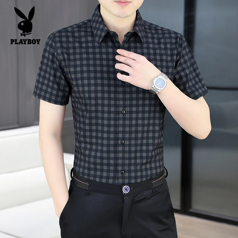 花花公子夏季休闲时尚新款高档男士潮流帅气圆领冰丝无痕衬衫