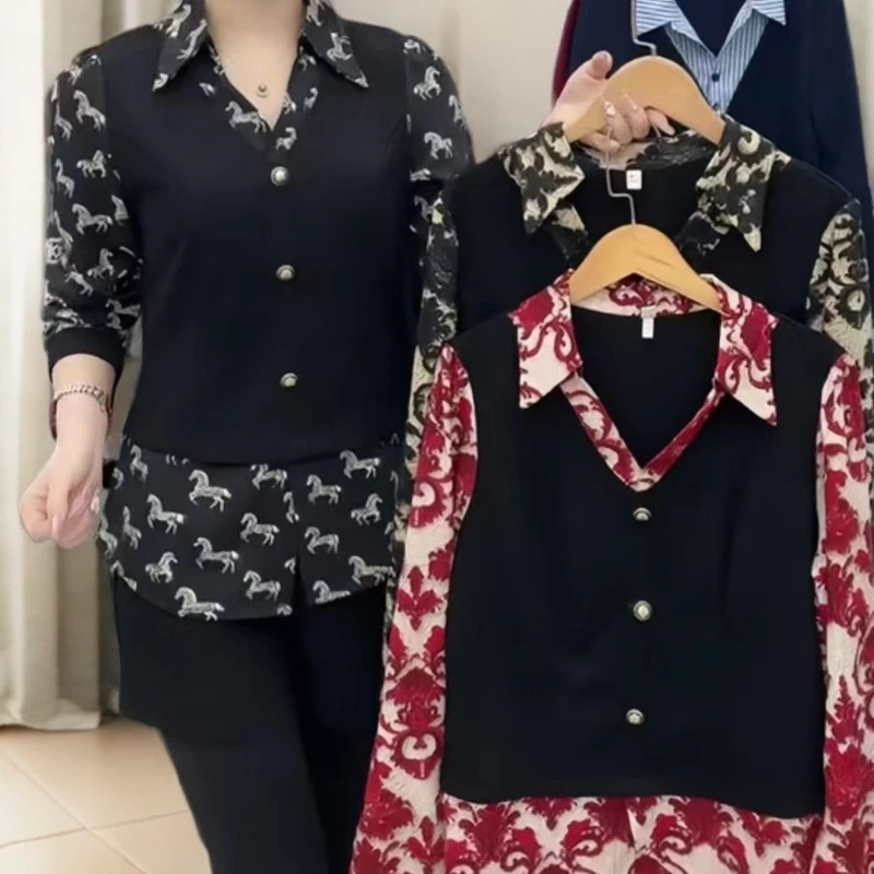 2025冬季新款时尚拼接衬衫领假两件气质上衣5137*