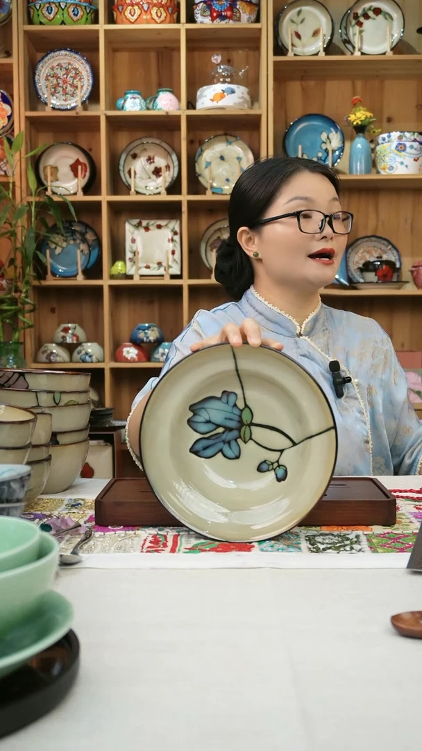 瓷片小可陶瓷高温釉下彩一个斗笠碗