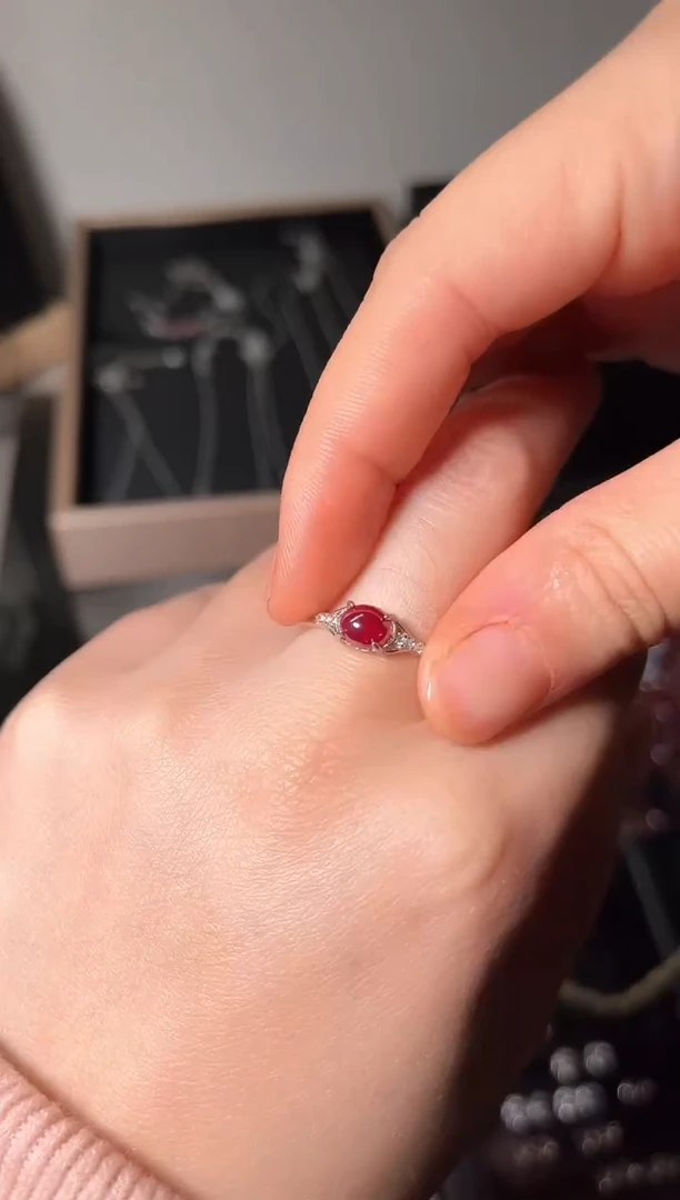 天然辰砂朱砂镶嵌S925银晶体女戒指111002