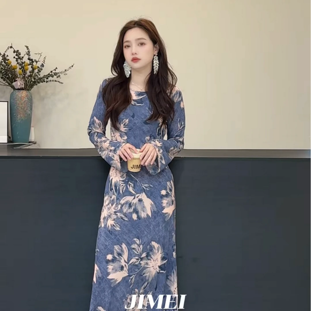 法式复古斜裁深海花影印花收腰显瘦夏季气质喇叭袖连衣裙湖蓝