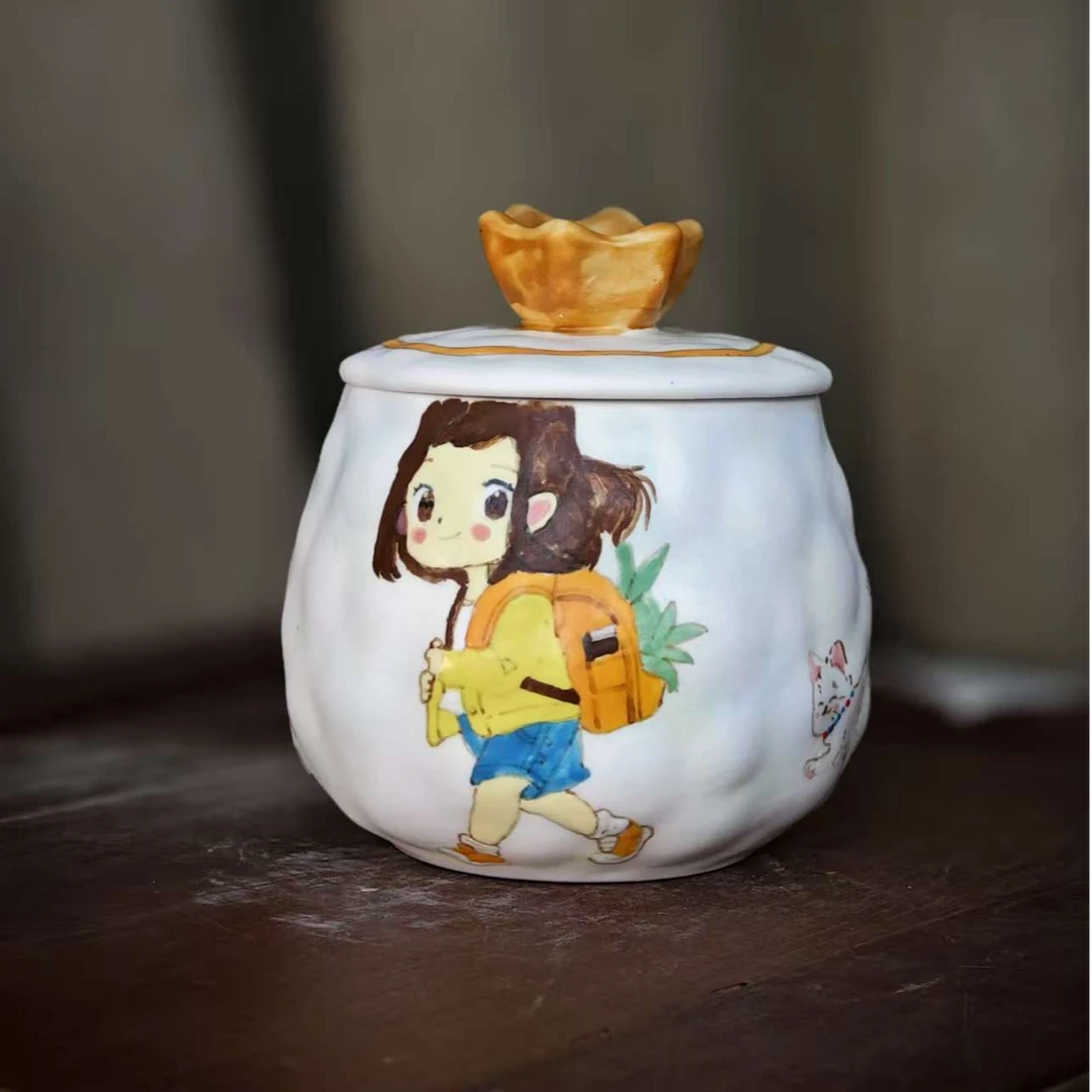 景德镇最新款纯手绘釉下彩精致高档送礼仙人掌小女孩带盖陶瓷单杯