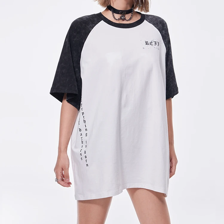 REJJ短袖基础大众印花插肩袖打底T恤印花撞色时尚休闲圆领宽松