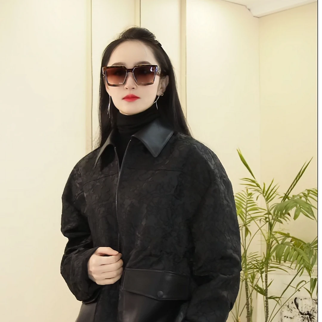 翻领可收腰显瘦大口袋拼皮外套女802