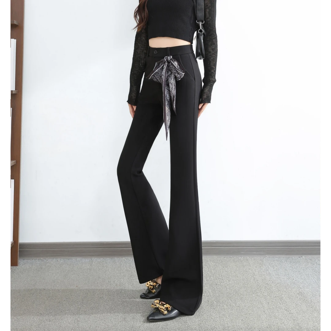 2502秋冬轻奢丝巾正版马蹄西装裤女高腰微喇裤修身垂感拖地长裤