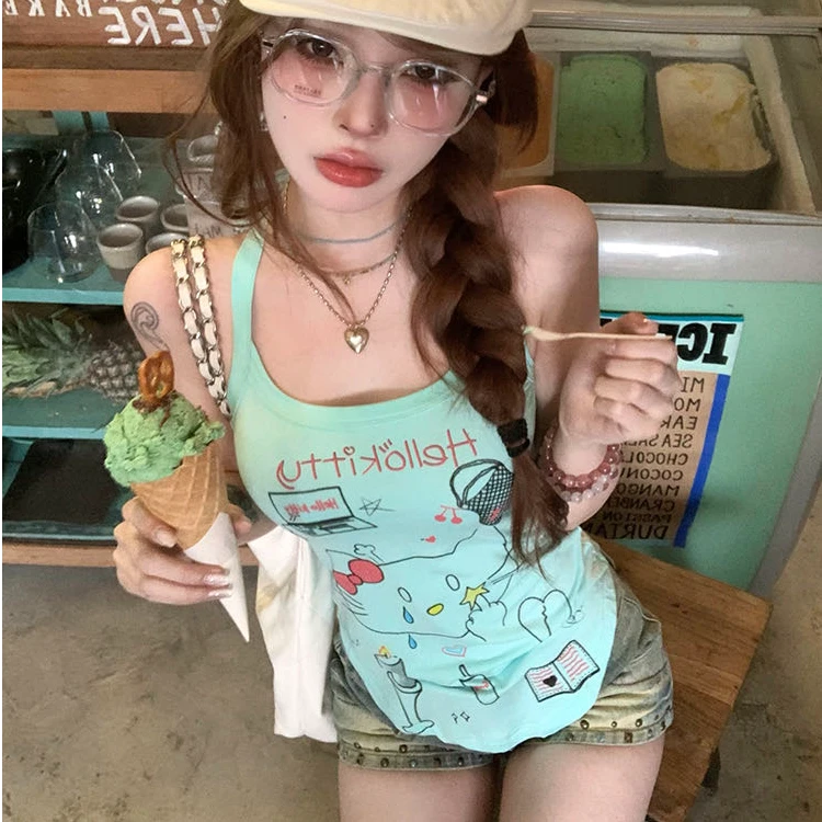 【自带胸垫】甜辣猫咪涂鸦印花吊带辣妹背心性感纯欲显瘦