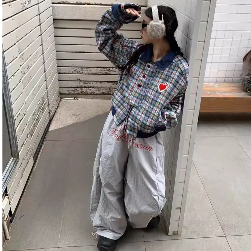 美式复古爱心格纹短款棉服外套冬季百搭翻领加厚棉衣+弯刀裤套装