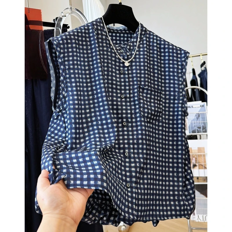 高级感气质仿醋酸小格子外穿马甲背心A字花苞无袖上衣女夏季小衫