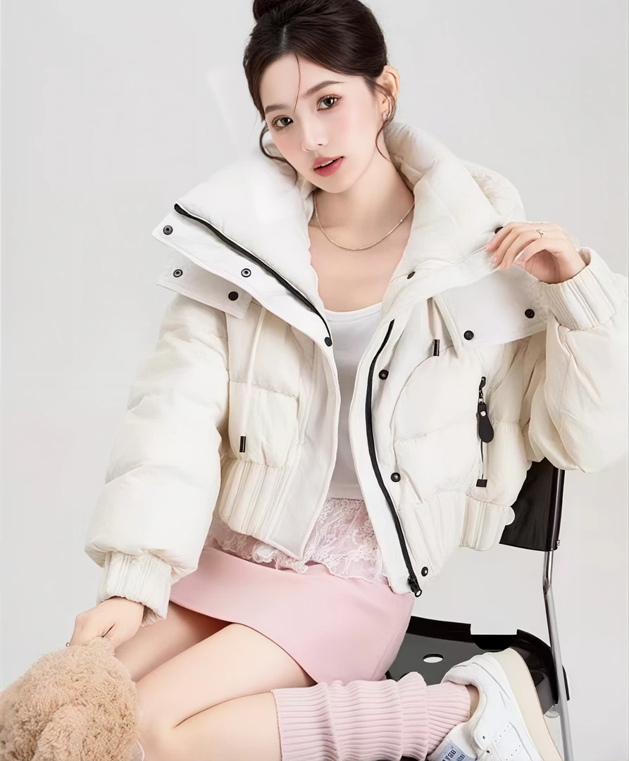 冬季新款小个子白鸭绒面包服加厚连帽保暖羽绒服女短款韩系