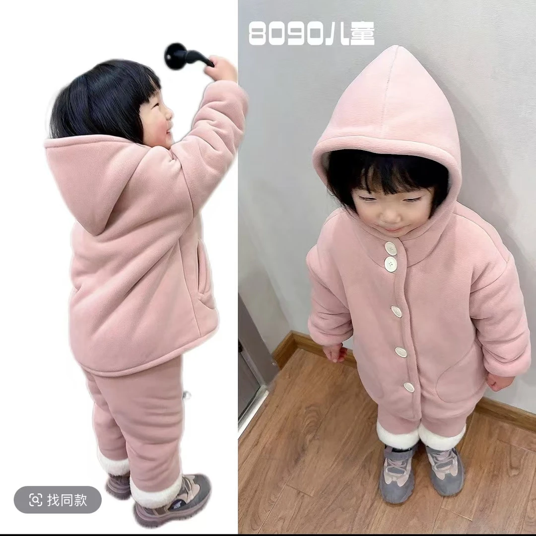 【8090暖居】冬款儿童小白扣韩系休闲三层加厚套装NJ-5188
