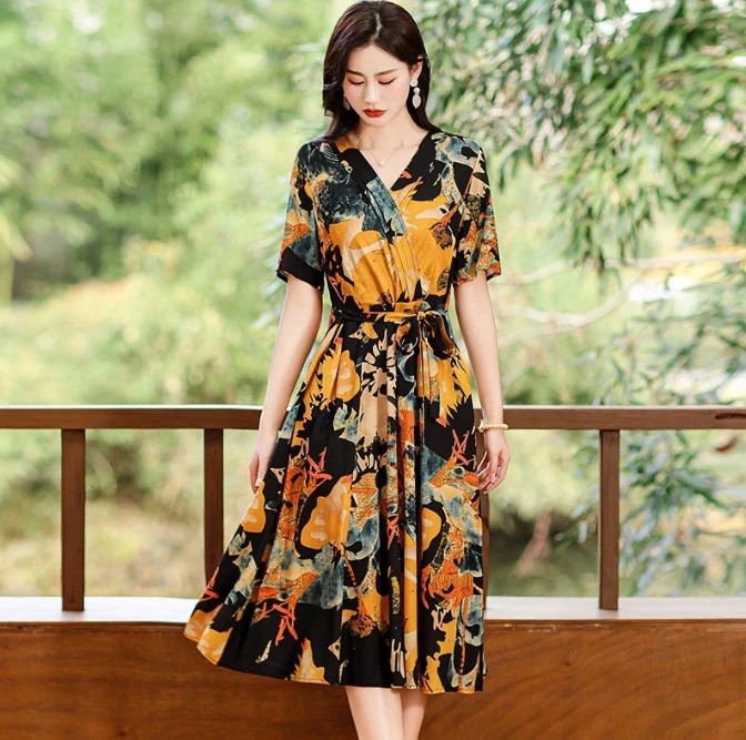 女装V领裙子收腰裙子大码碎花显瘦气质洋气时尚夏季14881