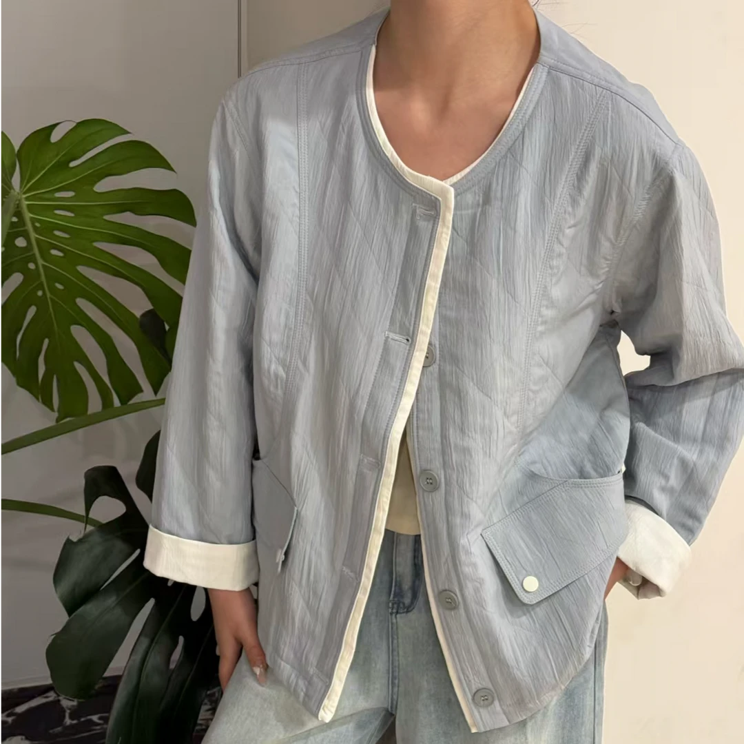 7883定制款撞色休闲短外套春季新款胖mm大码女装圆领时尚夹克上衣