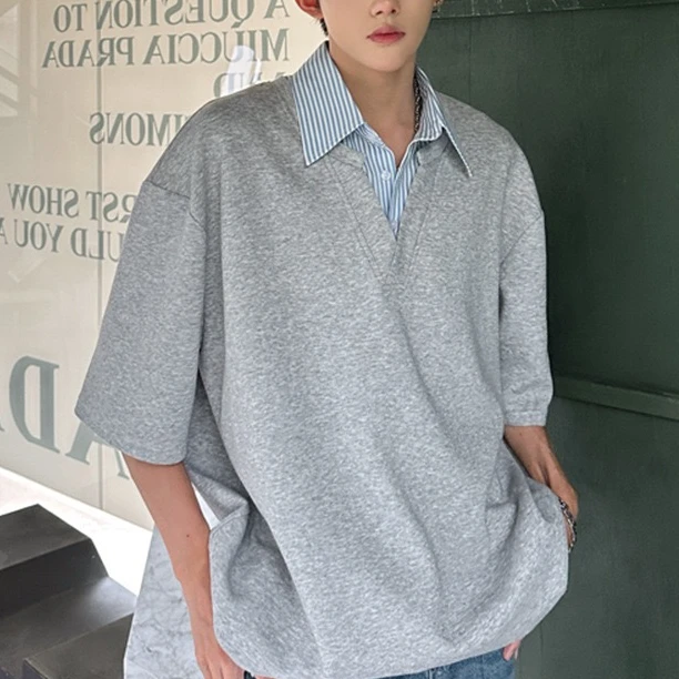 【穿搭工厂】小众设计感假两件t恤拼接翻领痞帅宽松半袖polo衫