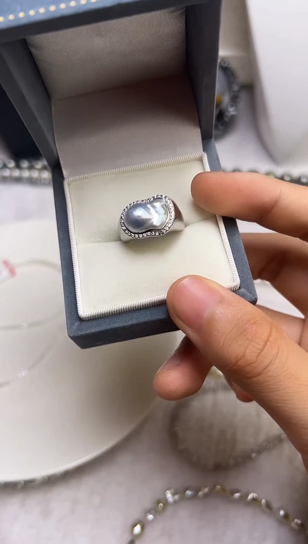 银S925镶嵌戒指海水珍珠珍珠