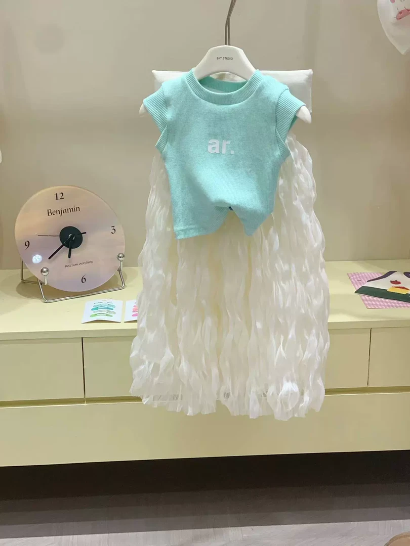 女童夏季绿宝石字母背心2025新款韩版童装女宝宝网红蛋糕裙两件套