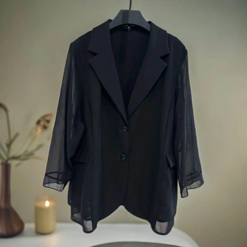 979-高级感时尚黑色西装外套女士夏季新款别致休闲气质七分袖上衣