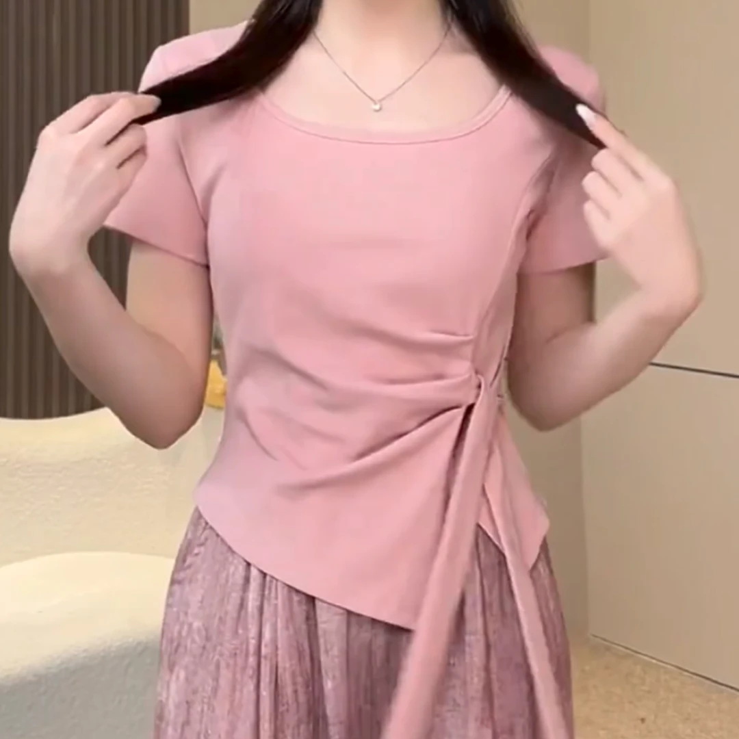 方领不规则正肩短袖T恤2025夏季胖MM大码女装时尚设计感绑带上衣