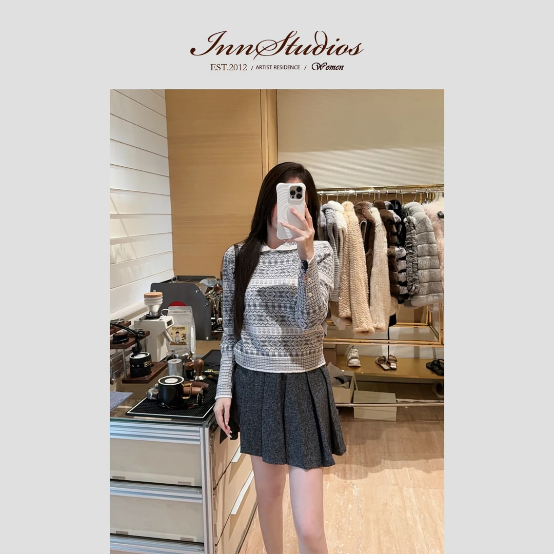 Innstudios 灰色费尔岛翻领针织上衣